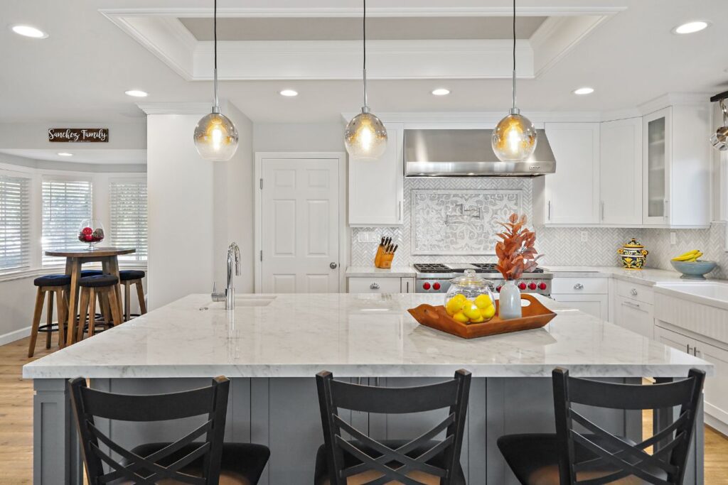 View of kitchen with island from a custom kitchen remodel in the Bay Area.