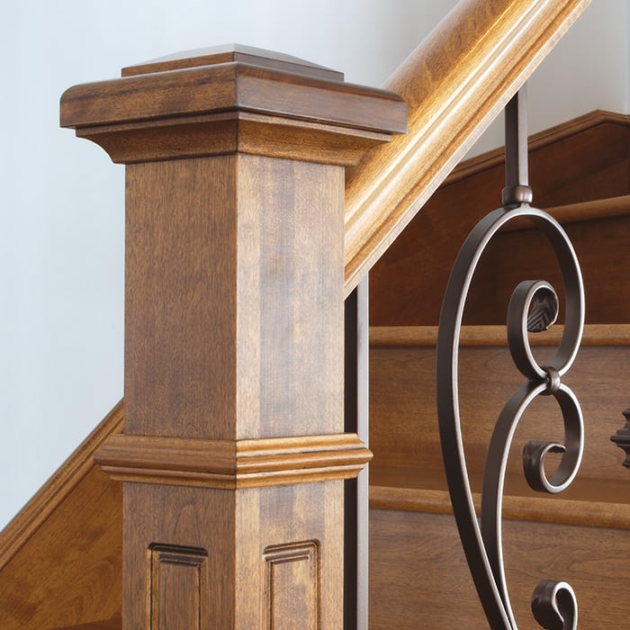 Up close details of a custom built stair case banister